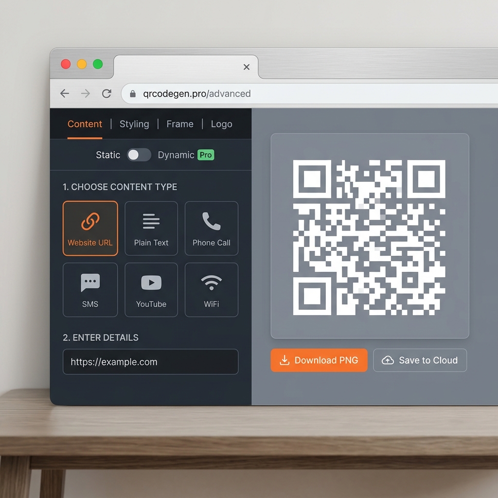 QR Gen content type selection panel showing Website URL, WiFi, vCard and 10+ options