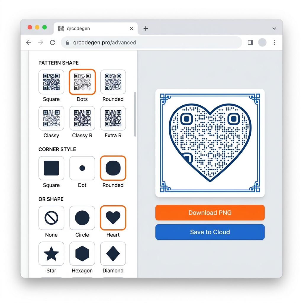 QR Gen styling panel with heart-shaped QR code, dot patterns, and corner style options