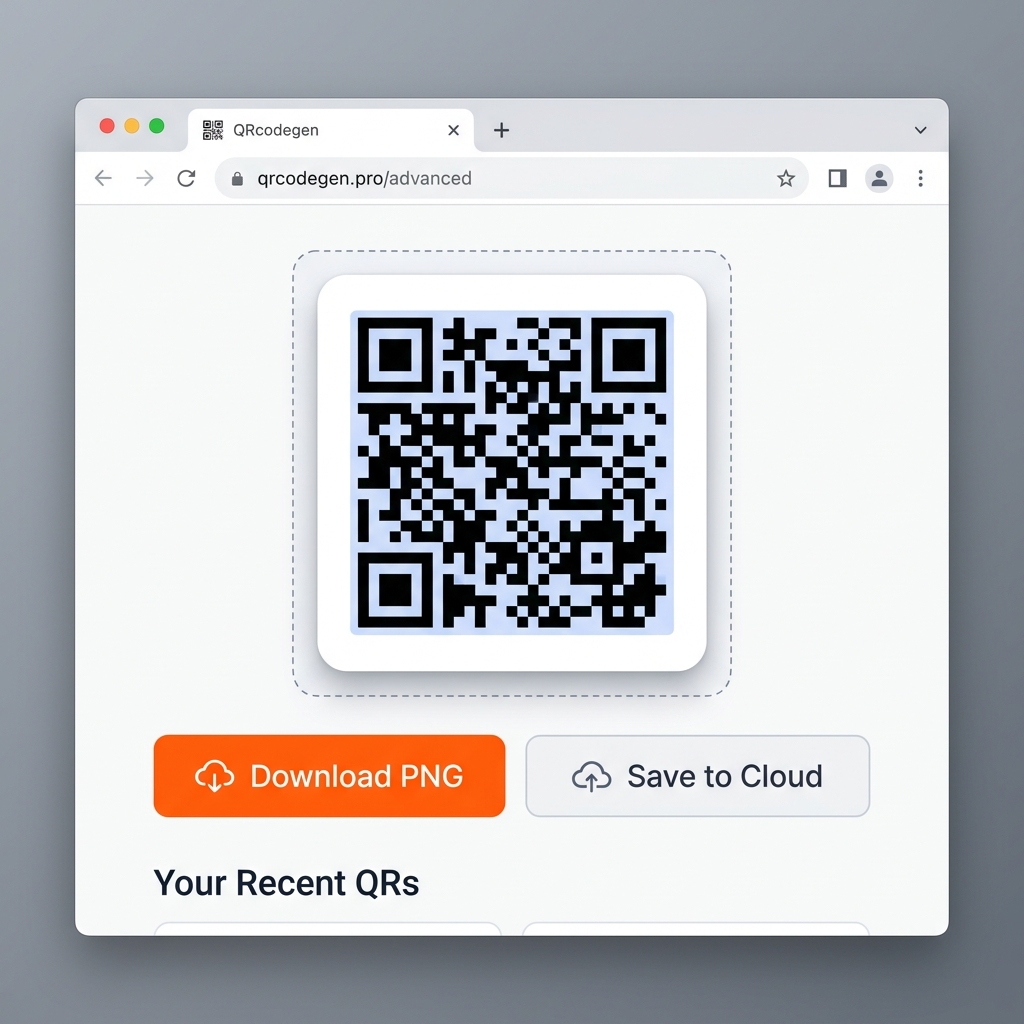 QR Gen download interface showing Download PNG button and Save to Cloud option